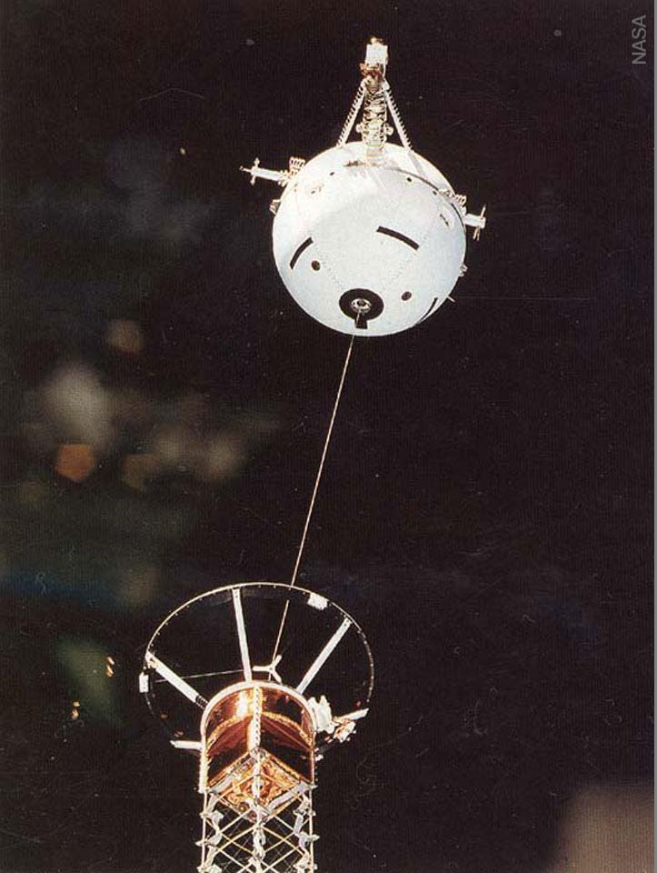 STS-75: Tether uncoils from shuttle thereby leveraging the satellite
