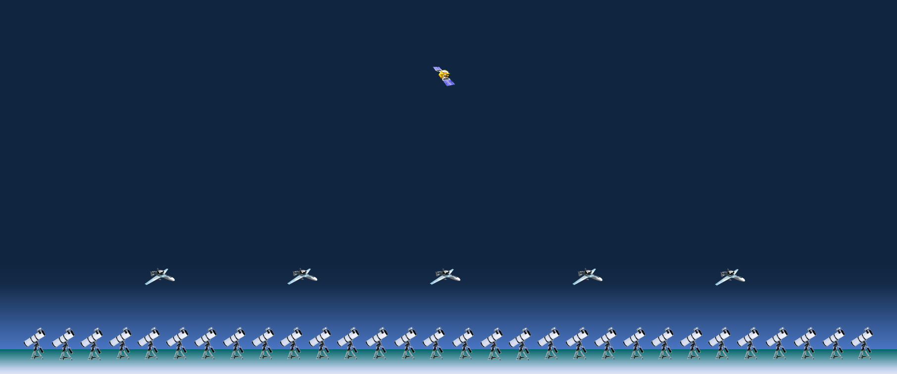 five birds flying over a yard of satellites...